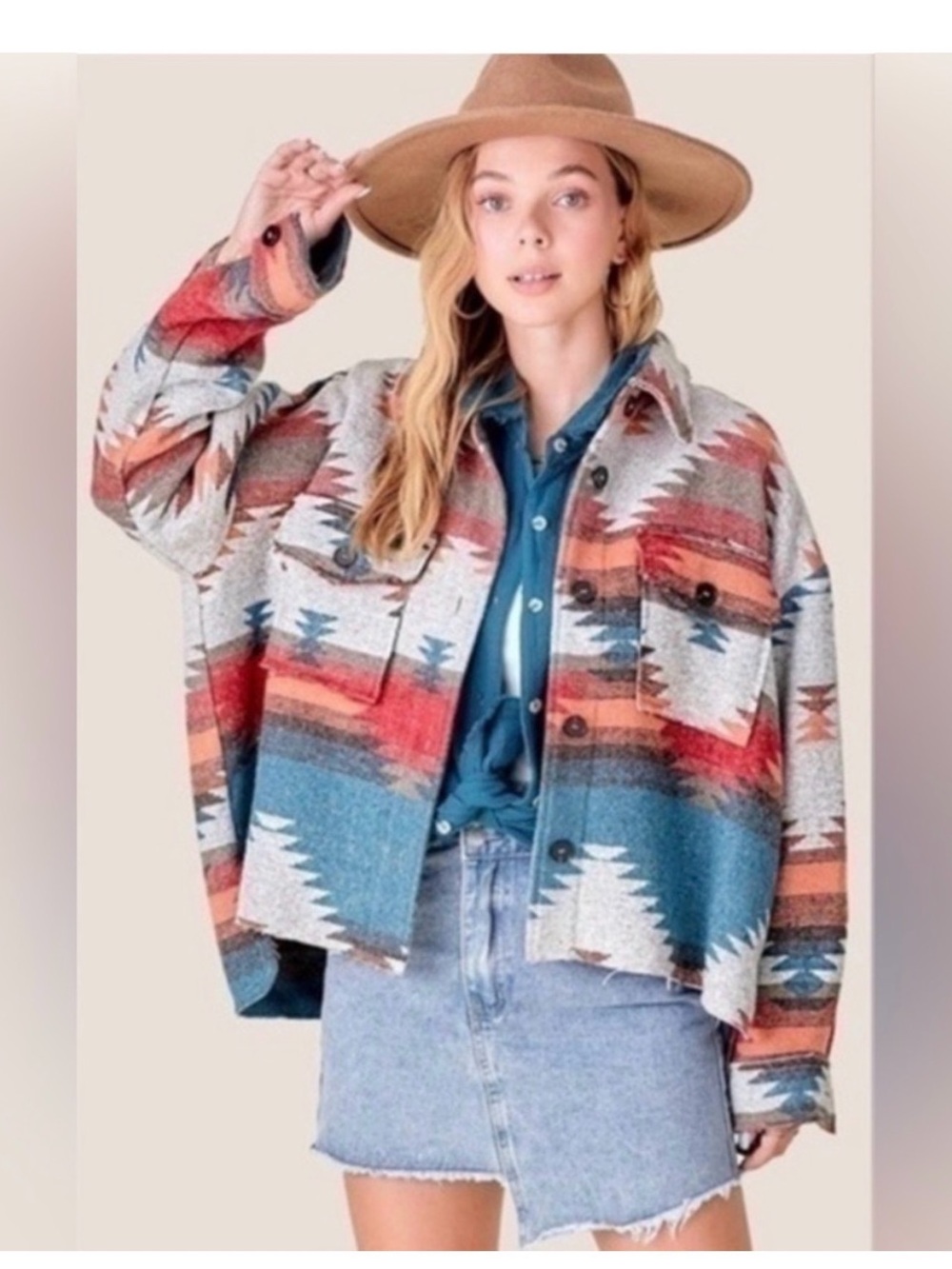 La Miel Eldora Aztec Shacket for Women in Rust Size M